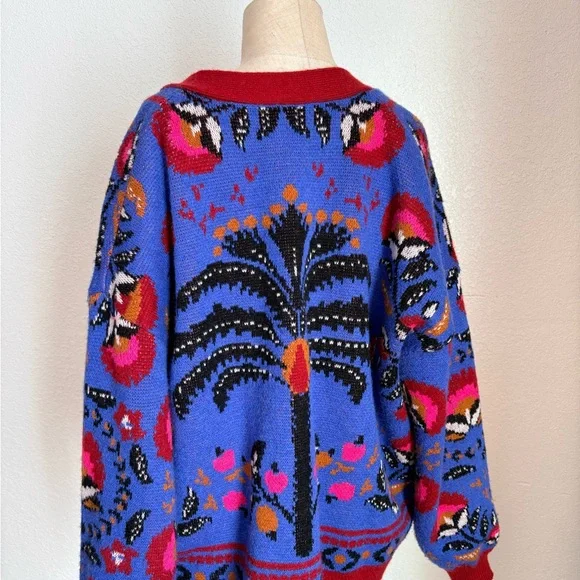 Farm Rio Knit Wool Blend Cardigan Palms Paradise Teal Floral Print Sweater S